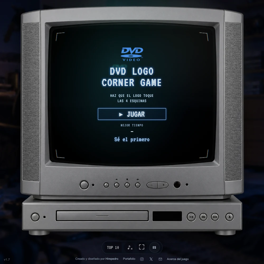 Captura real de DVD Corner: pantalla de inicio dentro de un televisor CRT en una habitación oscura