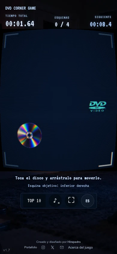 Partida real de DVD Corner en móvil: pantalla a todo el ancho, disco táctil y contadores de tiempo y esquinas