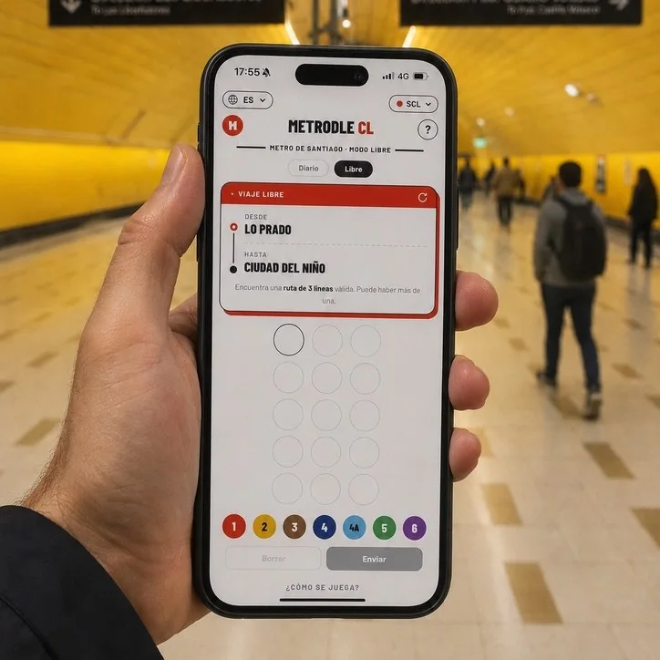 Una mano sostiene un teléfono con Metrodle CL en modo Libre dentro de una estación del Metro de Santiago: al fondo, el túnel amarillo y los pasajeros caminando por el andén