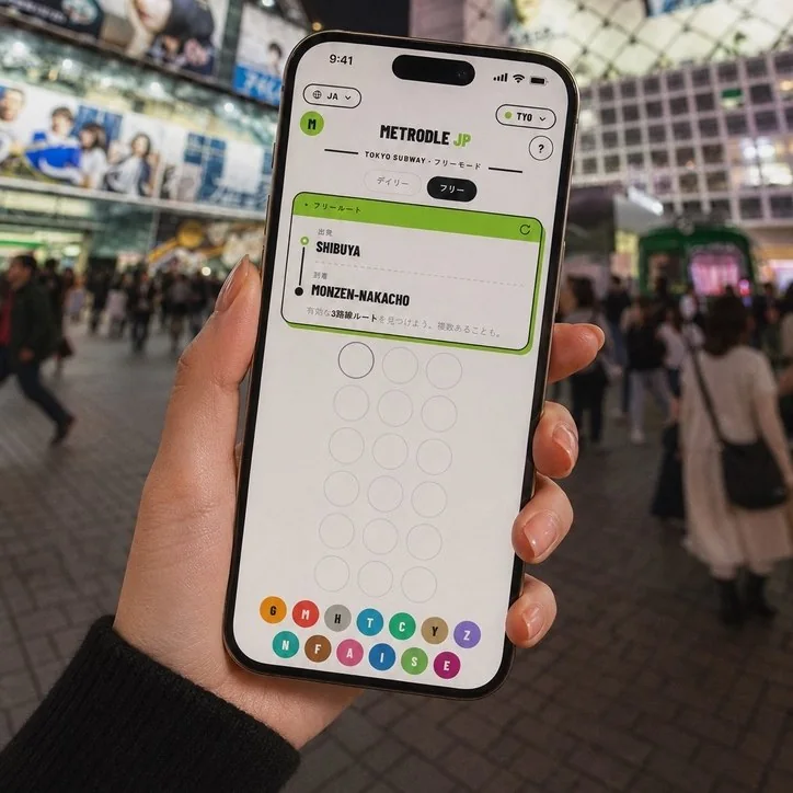 Una mano sostiene un teléfono con Metrodle JP en japonés, de Shibuya a Monzen-Nakacho, en medio del cruce de Shibuya de noche