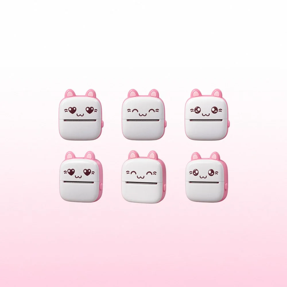 Seis versiones de la mascota de Papelito en dos filas sobre fondo rosa, cada una con una expresión distinta: ojos de corazón, ojos cerrados y ojos muy abiertos