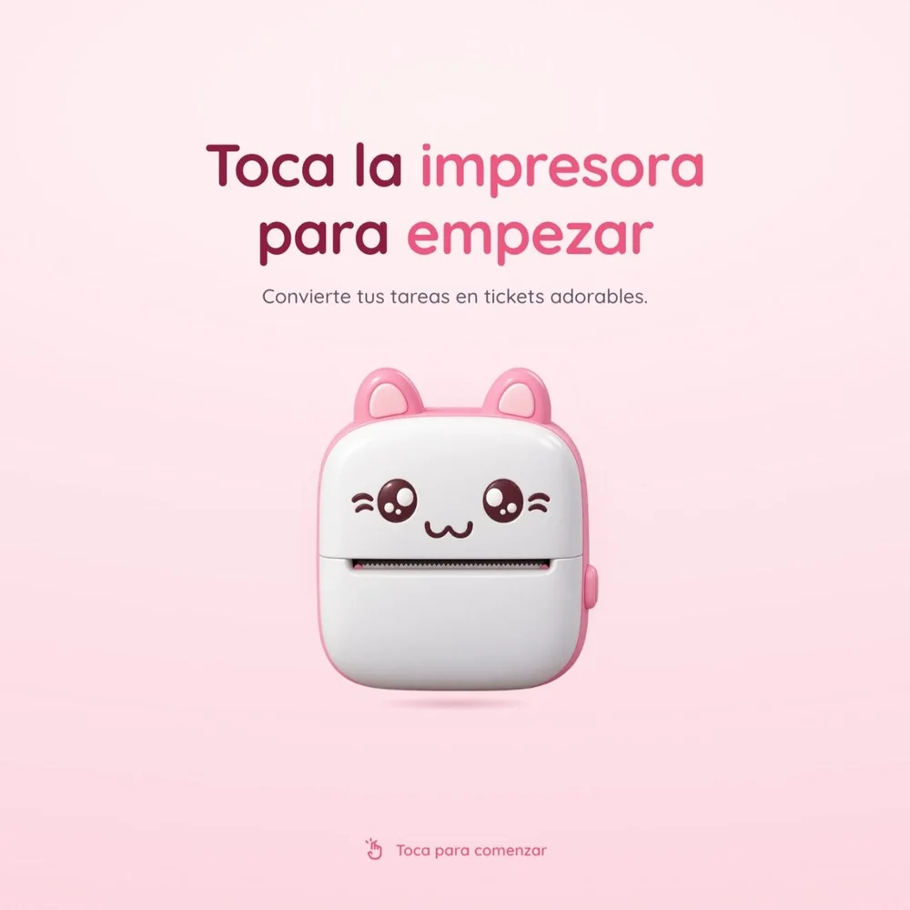 Pantalla de inicio de Papelito: sobre un fondo rosa, el titular 'Toca la impresora para empezar' y la mascota —mitad impresora térmica, mitad gato— esperando el primer toque