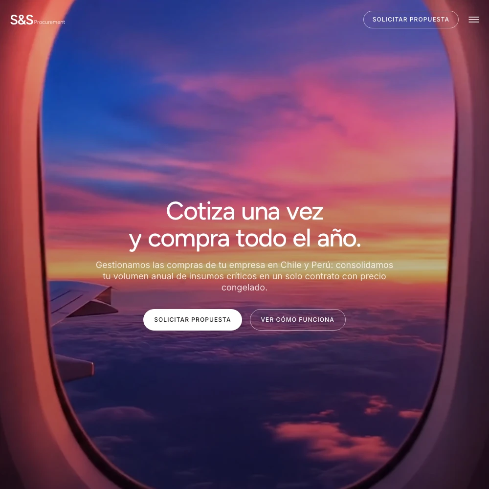 Captura real del inicio de S&S Procurement: propuesta de compras anuales sobre un atardecer visto desde un avión