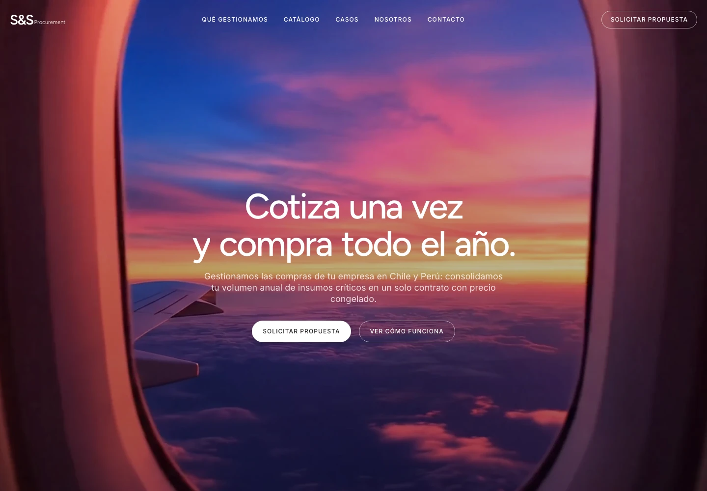 Inicio real de S&S Procurement en escritorio, con navegación, propuesta comercial y botones para solicitar una propuesta o conocer el servicio
